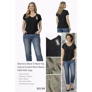 Women Black V-Neck Short Sleeve Top Casual NEW With Tags